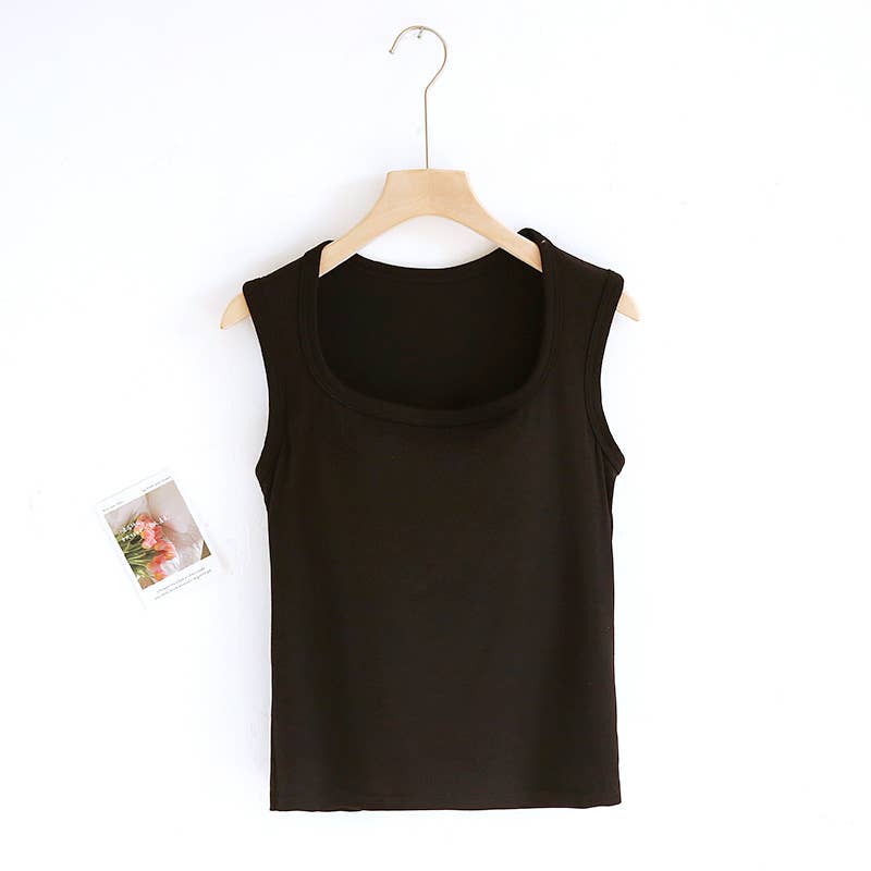 Queen-anne neck cotton blend built-in bra tank top: Black / L