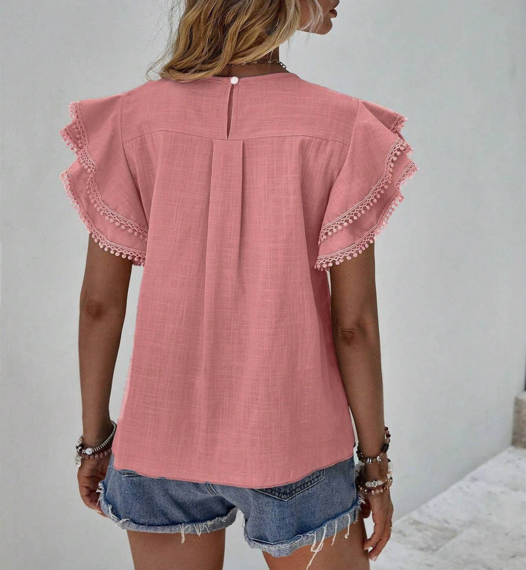Summer Casual Loose Shirt Ruffle Short Sleeve Top: Blue / M