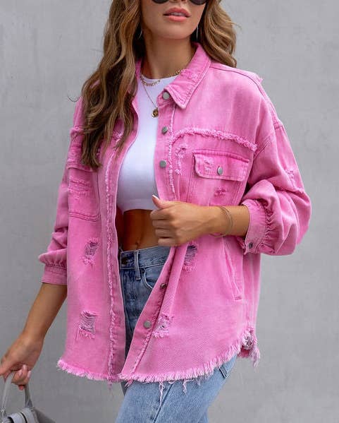 Ripped Long-Sleeved Denim Jacket: Black / S