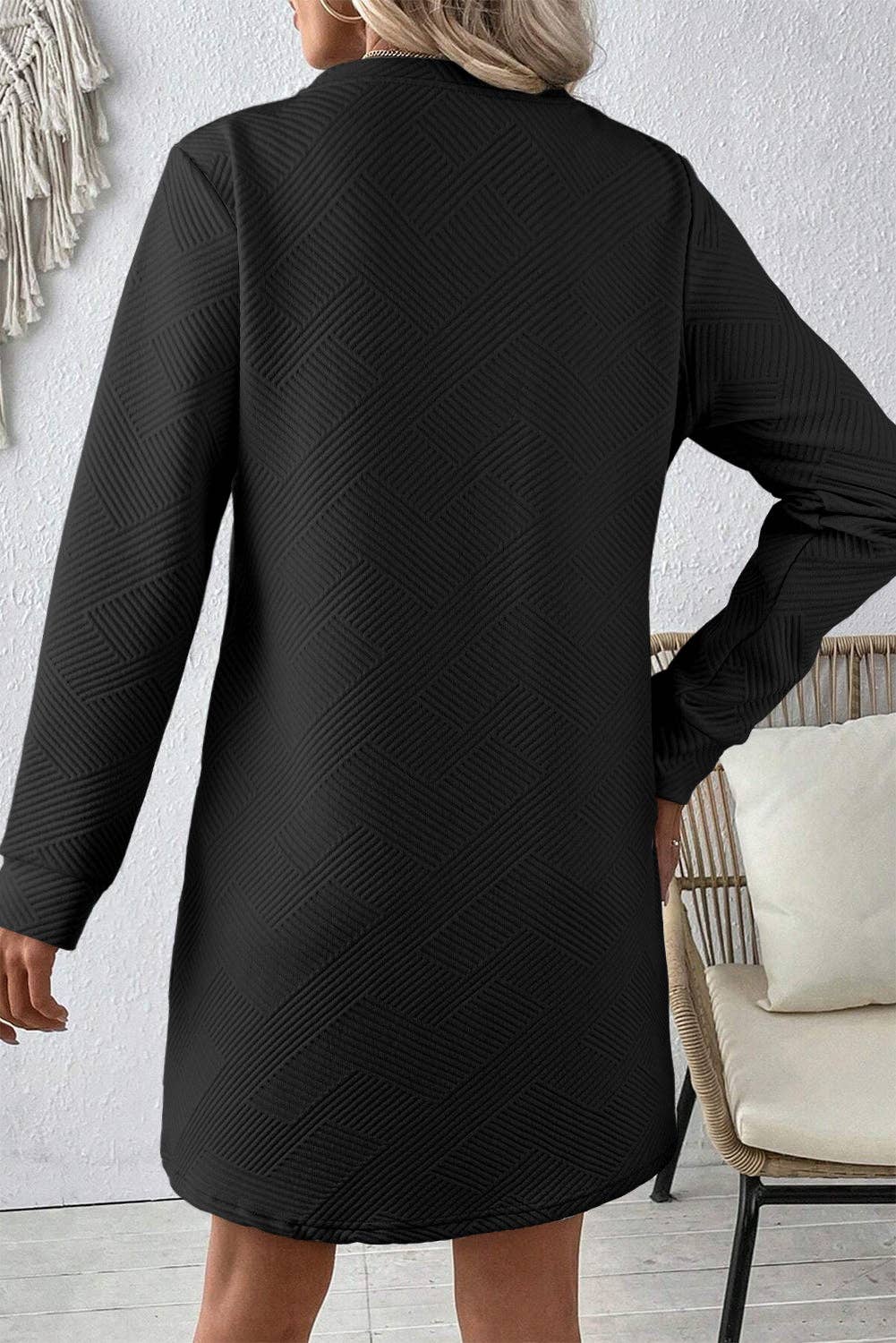 Customizable Solid Color Textured Long Sleeve Shift Dress: Gray / 97%Polyester+3%Elastane / L