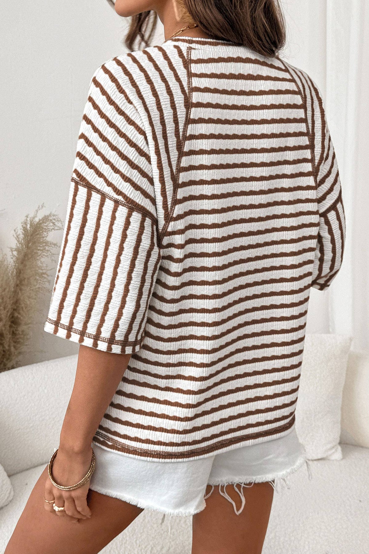 Stripe Textured Knit Split Hem Half Sleeve Top | S-4X: Pink Stripe / XL