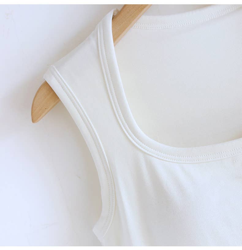 Queen-anne neck cotton blend built-in bra tank top: Black / L