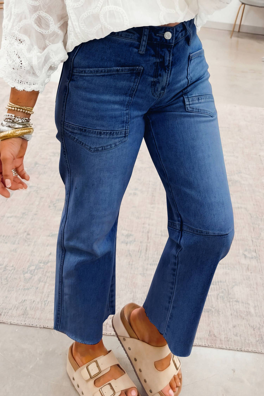 Solid Frayed Regular Cropped Light Wash Denim Jeans 4-4X: Beau Blue / 8