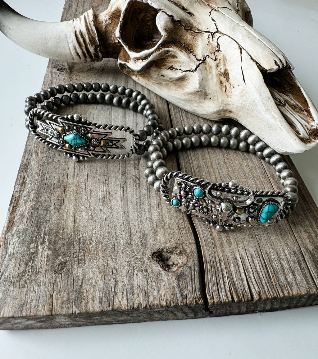 Western Bracelet Navajo Style Turquoise Accent - Rhinestones: STEER