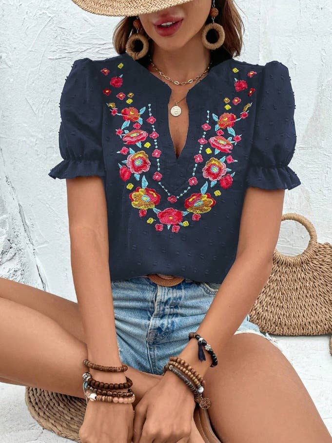 Boho Embroidered Floral Ruffle Top: NavyBlue / M