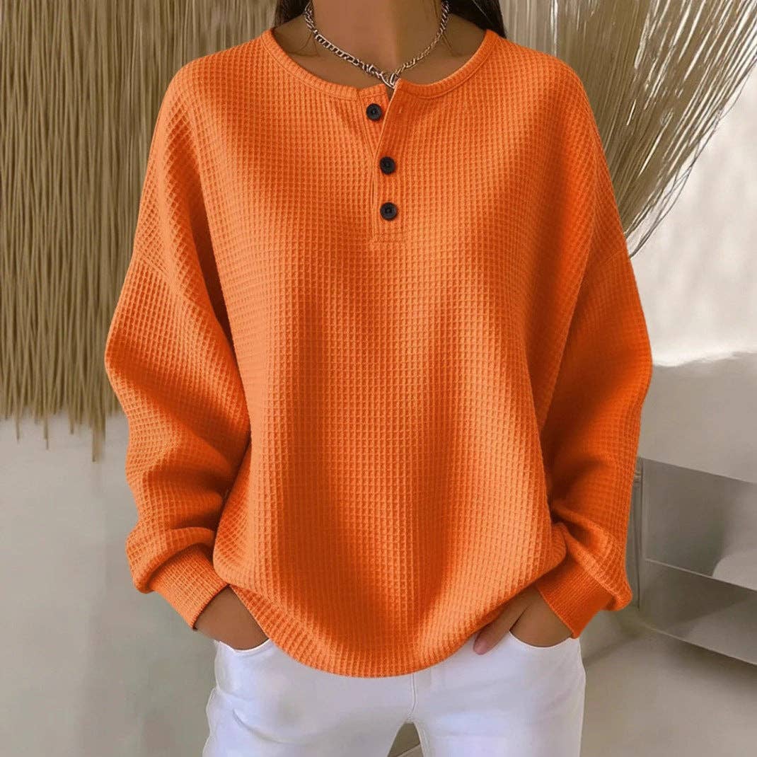 Waffle Knit Henley Top Oversized Long Sleeve Pullover: White / 100%Polyester / S