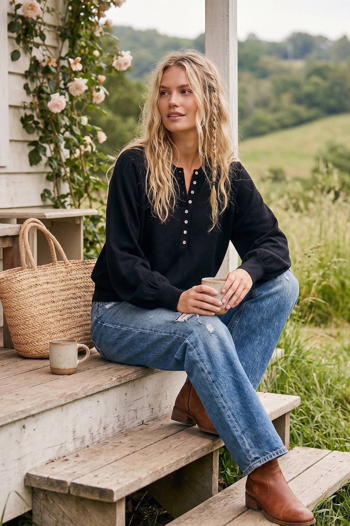 Henley Balloon Sleeve Sweater Top: IVORY / L
