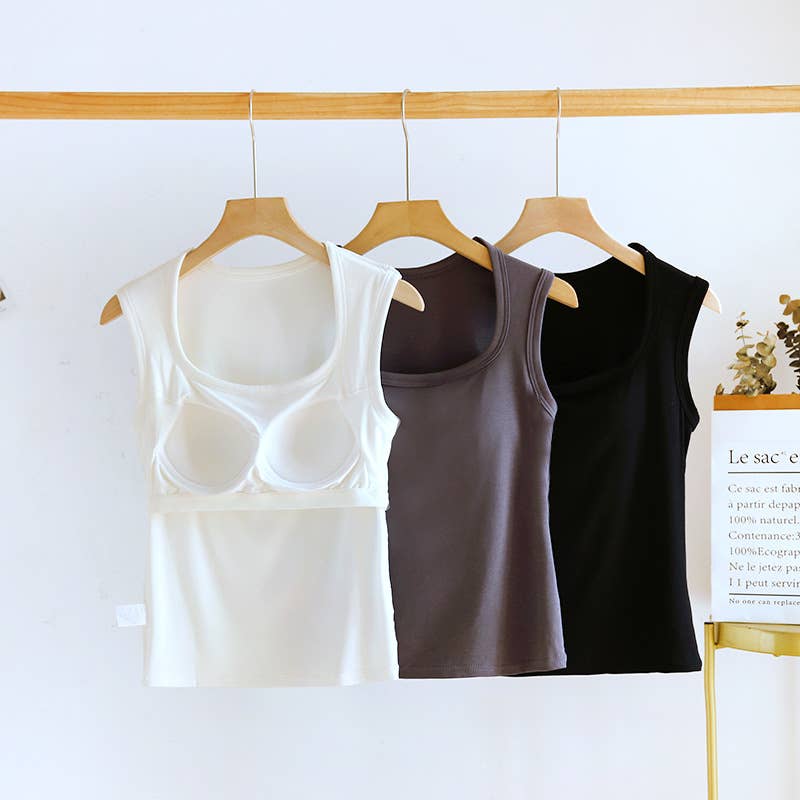 Queen-anne neck cotton blend built-in bra tank top: White / L