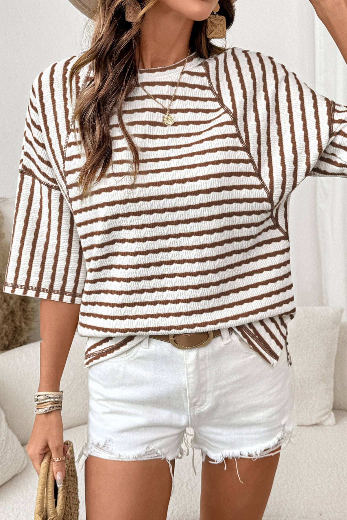 Stripe Textured Knit Split Hem Half Sleeve Top | S-4X: Pink Stripe / XL