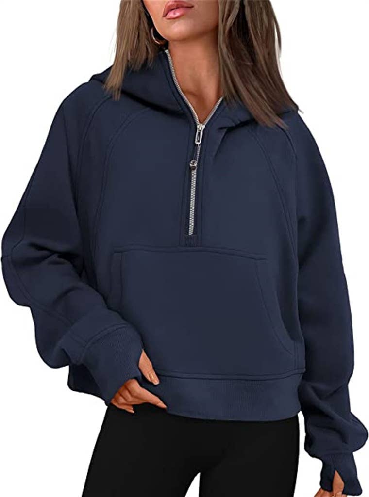 Athleisure half zip fleece hoodie funnel neck jacket: Black / M