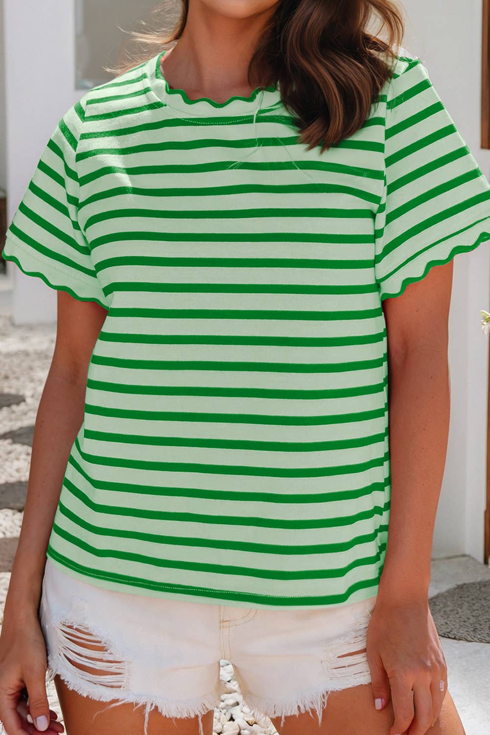 LDC Spring Scalloped Trim Round Neck Stripe T Shirt| S-4X: Green Stripe-2 / M