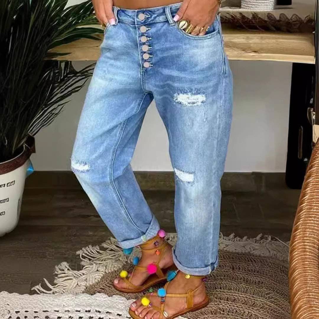 Women's Casual Blue Ripped Loose-Fit Jeans: Blue / S