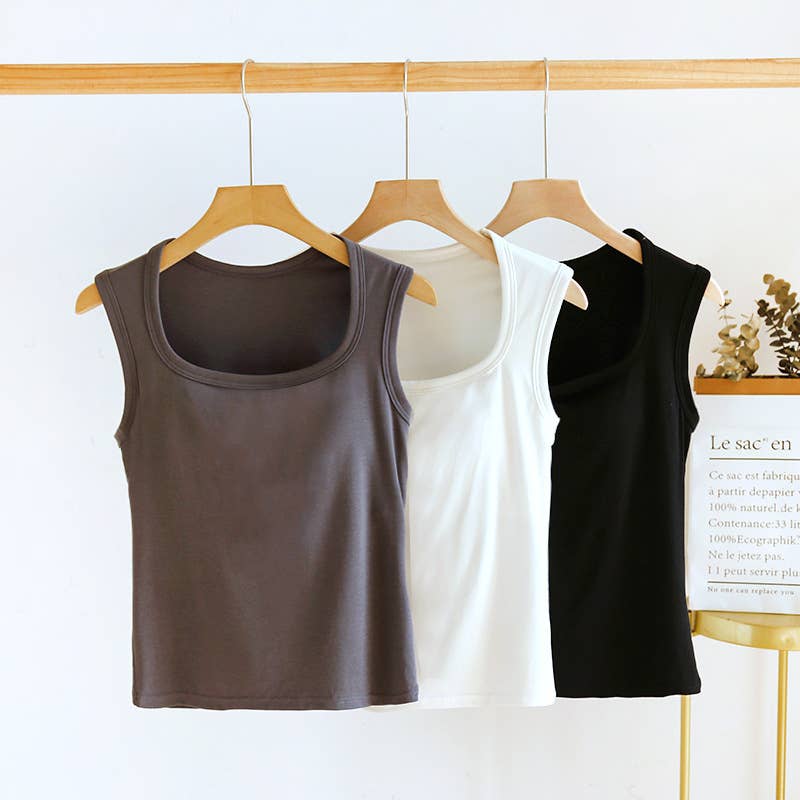 Queen-anne neck cotton blend built-in bra tank top: Black / L