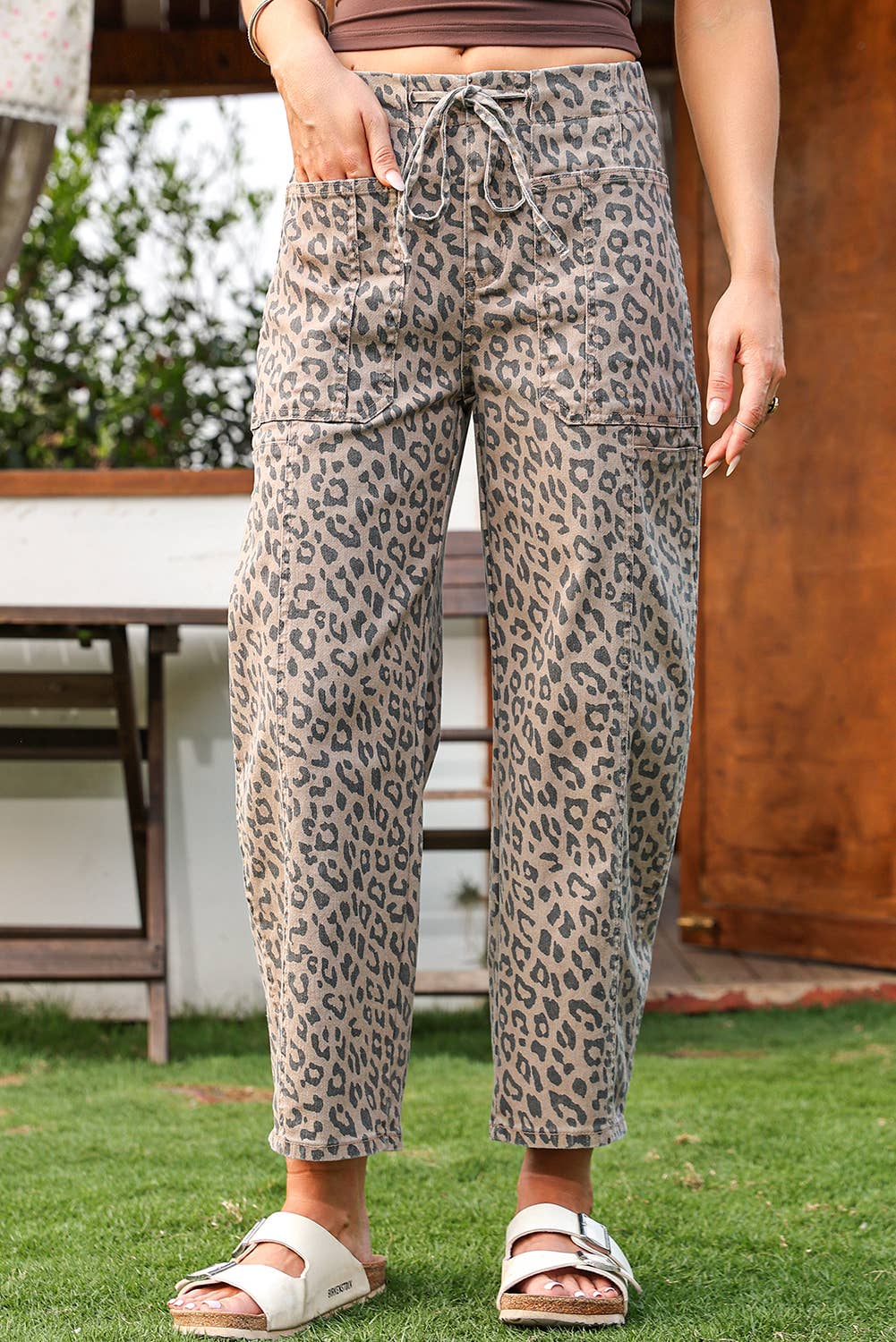 Fall 2026 Leopard Drawstring Waist Pocketed Wide Leg Jeans: As shown / Missy / 10