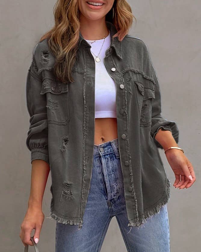 Ripped Long-Sleeved Denim Jacket: Khaki / XL