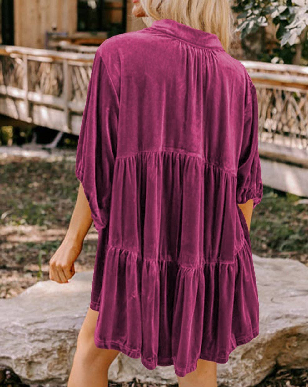 Velvet 3/4 Sleeve Tunic Babydoll Shirt: Pale Khaki / 95%Polyester+5%Elastane / S