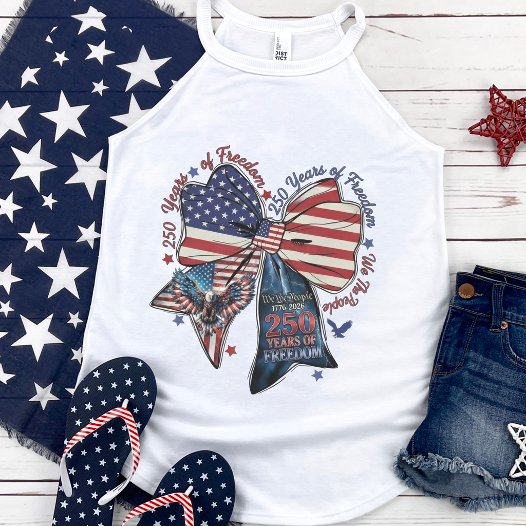 America 250 Years of Freedom Coquette Bow Rocker Tank Top: White / Small