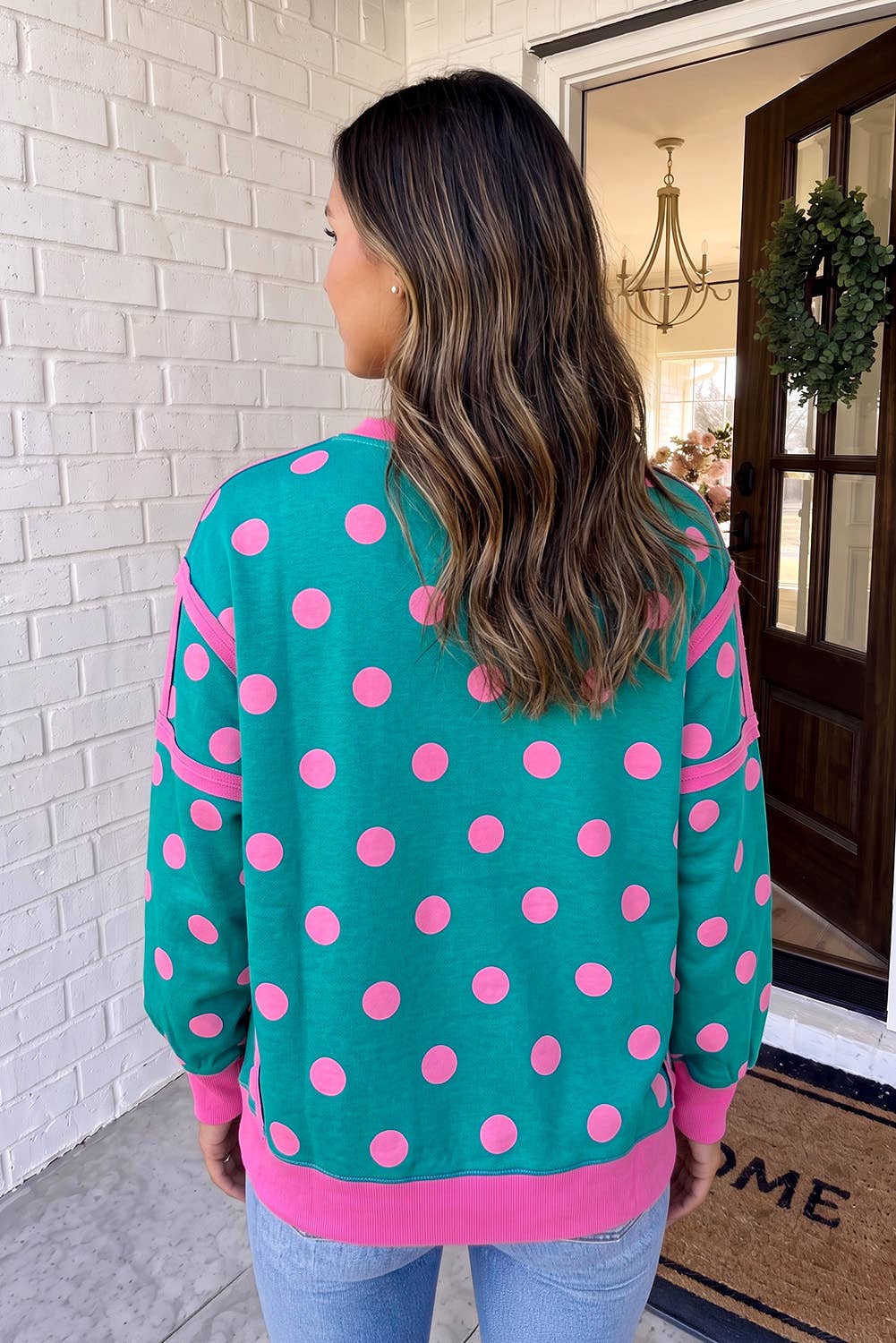 LAS Polka Dot Patchwork Split Hem Casual Sweatshirt (S-XL): White / L