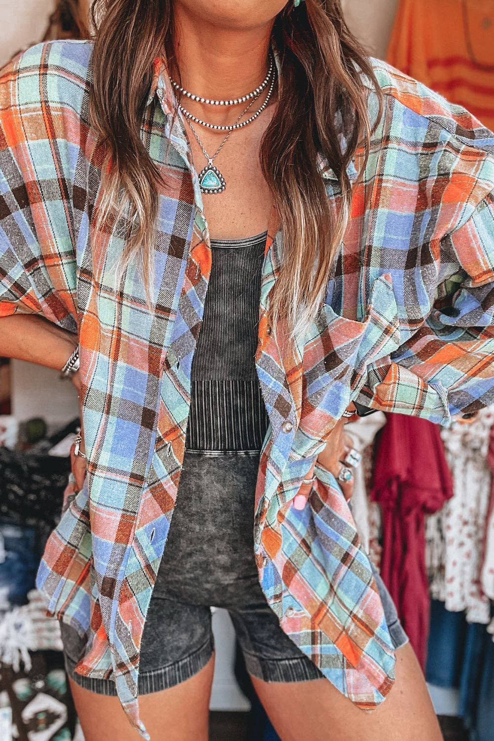 Women's Plaid Print Loose Vintage Shirt: Orange / 100%Cotton / M