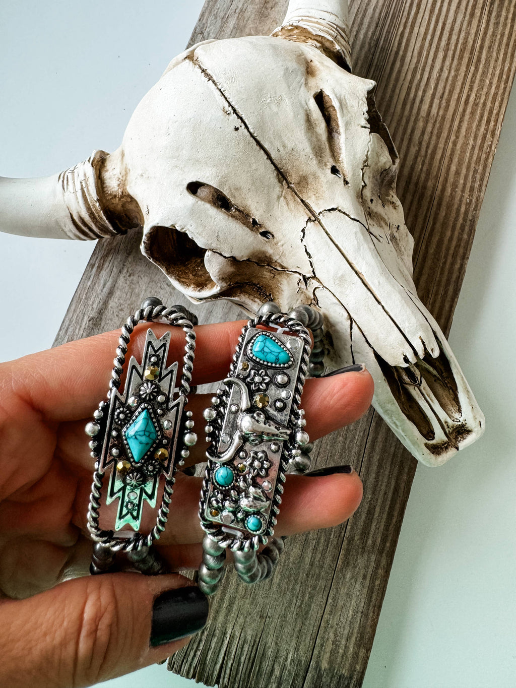 Western Bracelet Navajo Style Turquoise Accent - Rhinestones: STEER