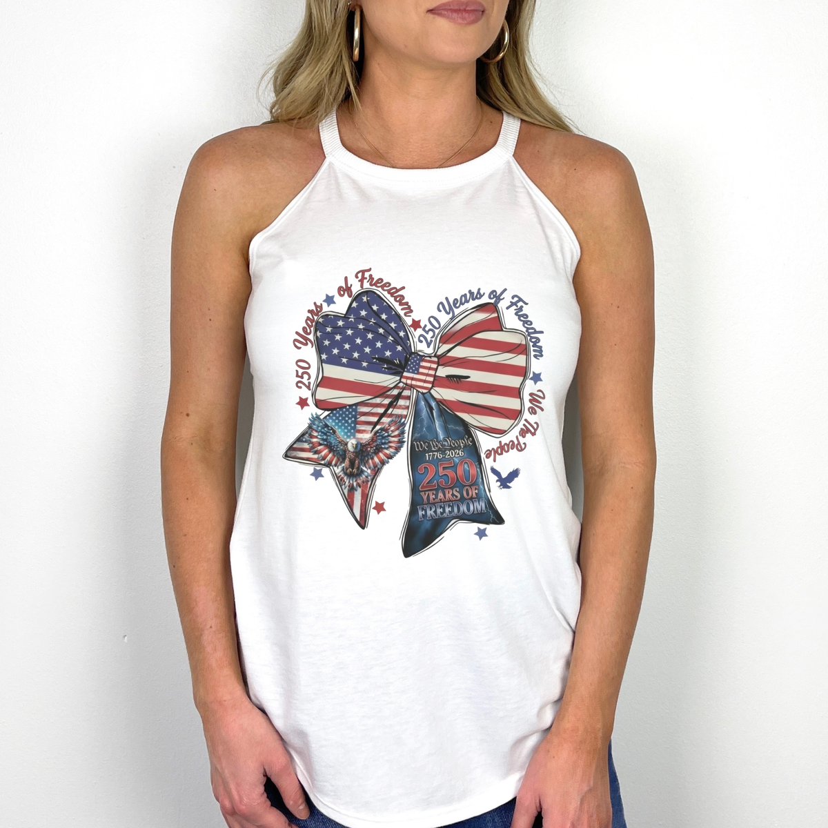 America 250 Years of Freedom Coquette Bow Rocker Tank Top: White / Large