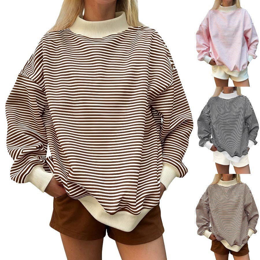 Oversized Striped Mock Neck Sweatshirt: Black / S