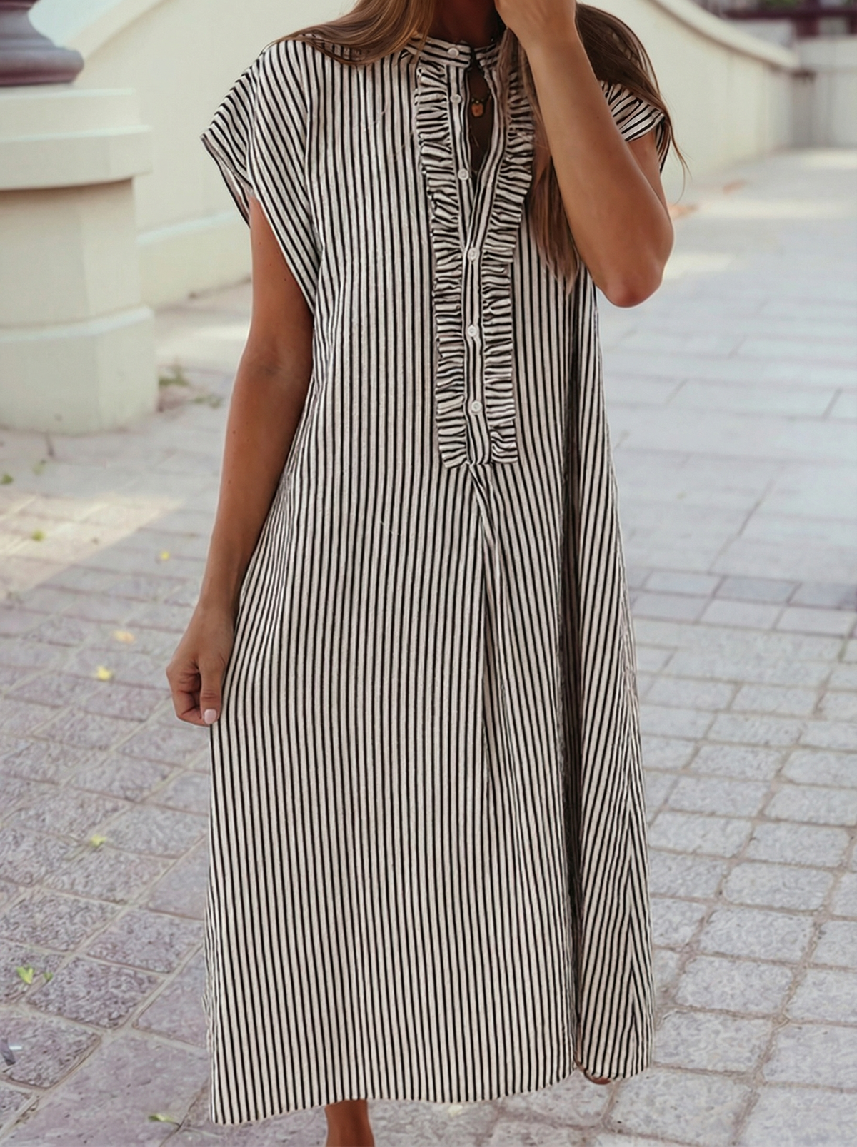 Stripe Pattern Ruffled Neck Short-Sleeve Maxi Dress S-4X: Black Stripe / L