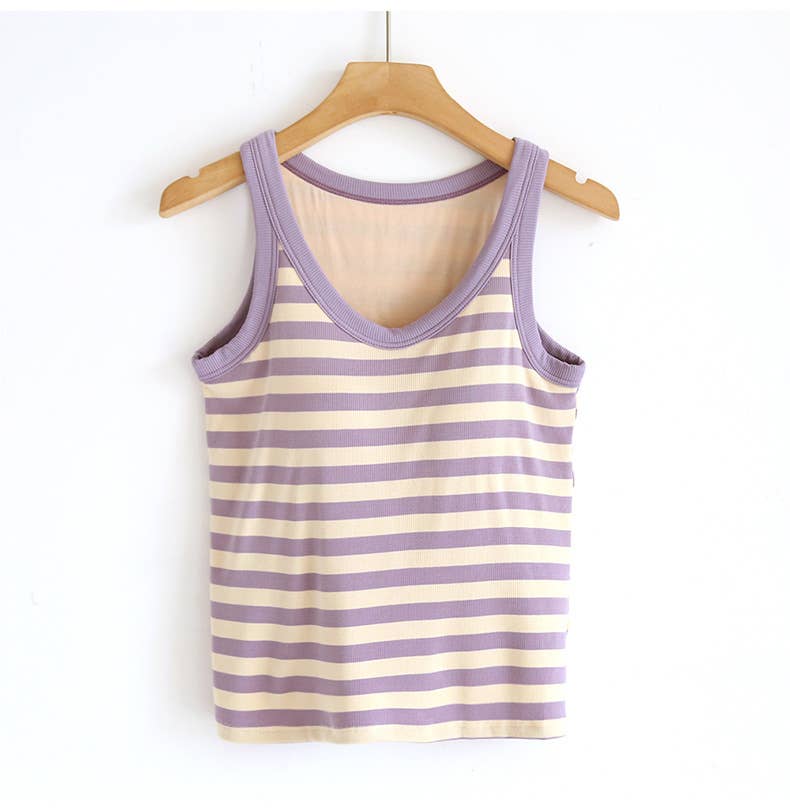 Stripe scoop neck rib knit built-in bra tank top: Black / L