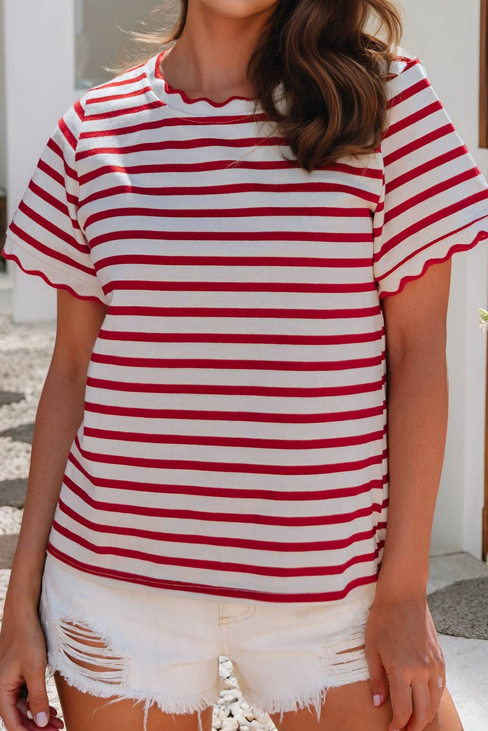 LDC Spring Scalloped Trim Round Neck Stripe T Shirt| S-4X: Green Stripe-2 / M