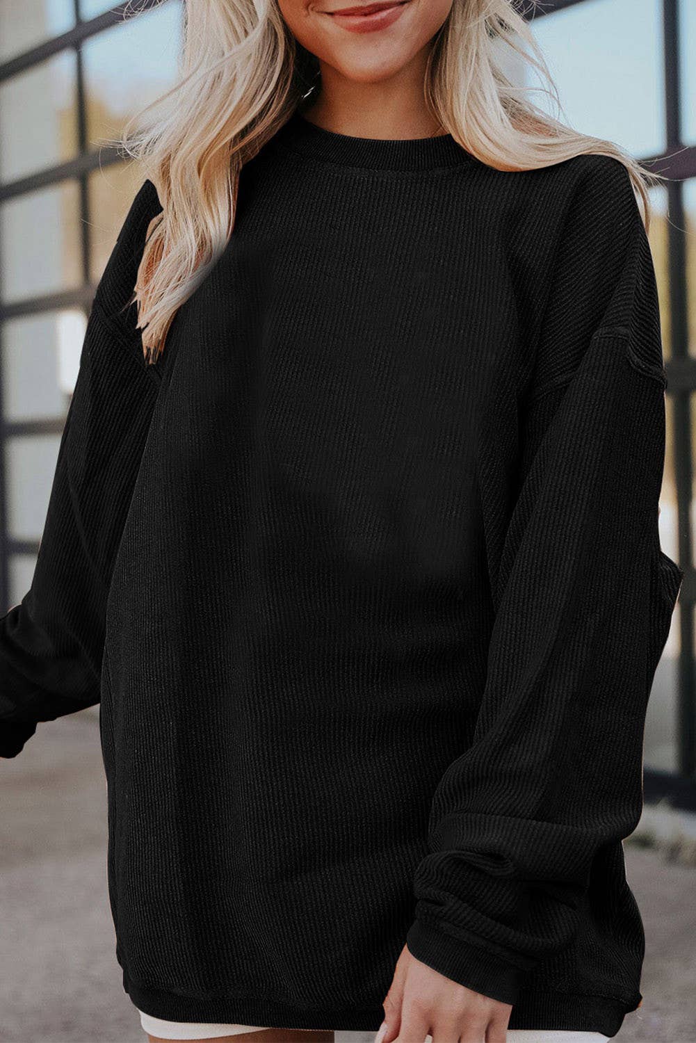 Ribbed Corded Oversized Sweatshirt: Black / 100%Polyester / L