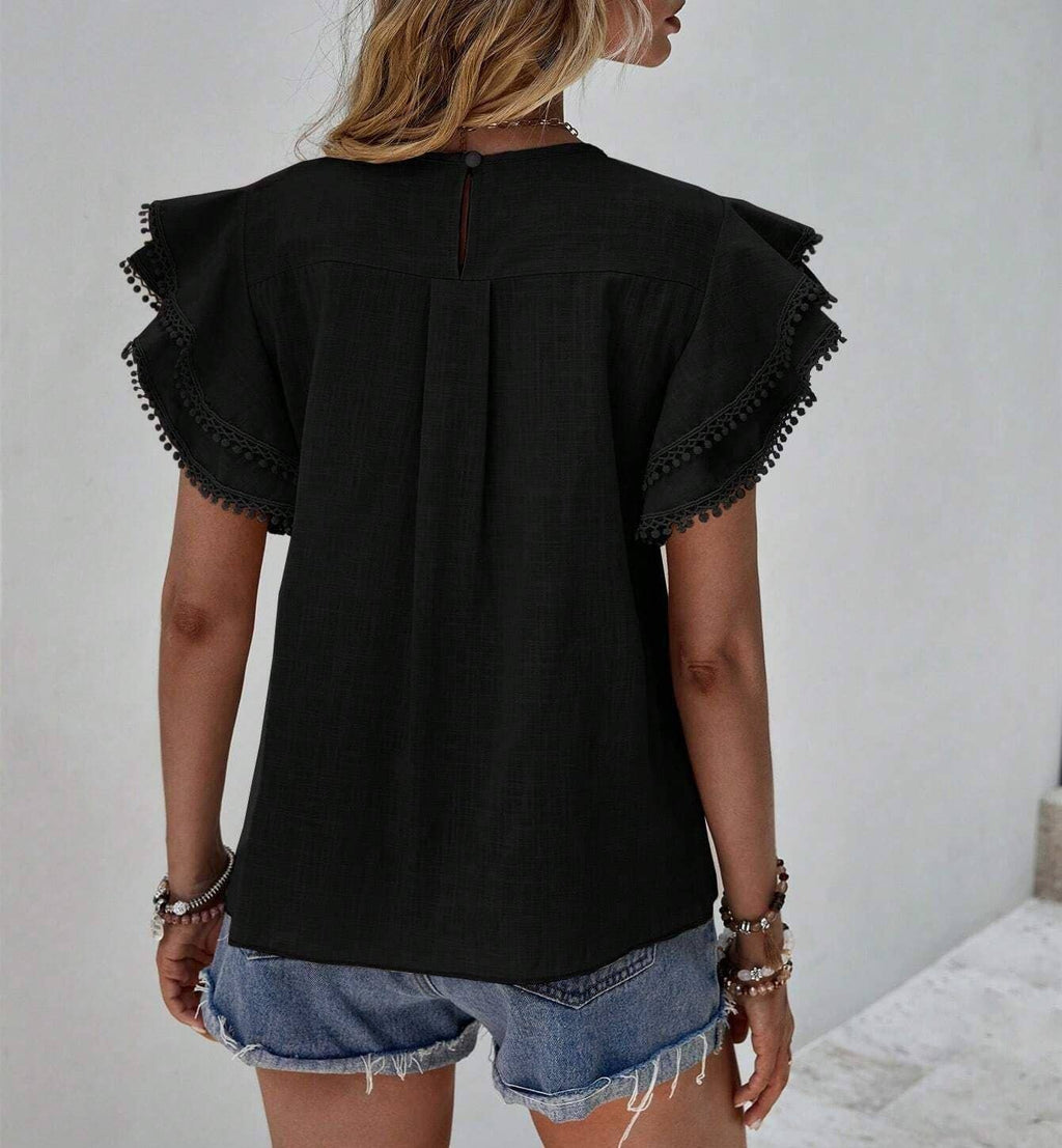 Summer Casual Loose Shirt Ruffle Short Sleeve Top: Black / M