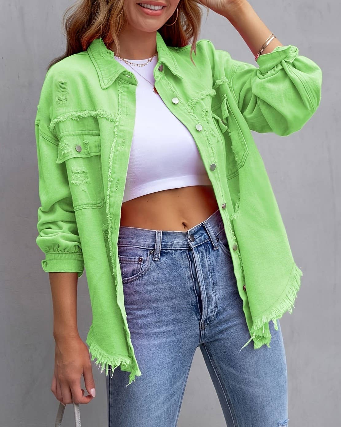 Ripped Long-Sleeved Denim Jacket: Khaki / XL
