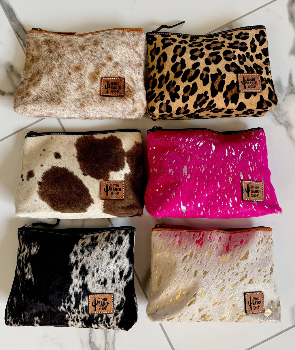 Western Cowhide Makeup Bag Travel: LEOPARD + RAINBOW