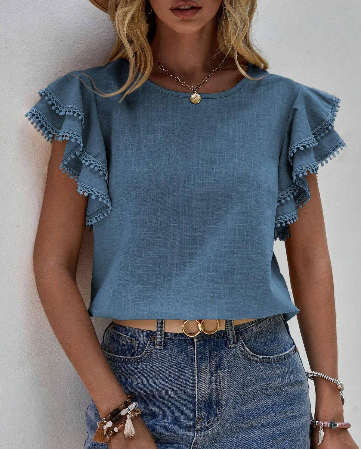 Summer Casual Loose Shirt Ruffle Short Sleeve Top: Blue / M