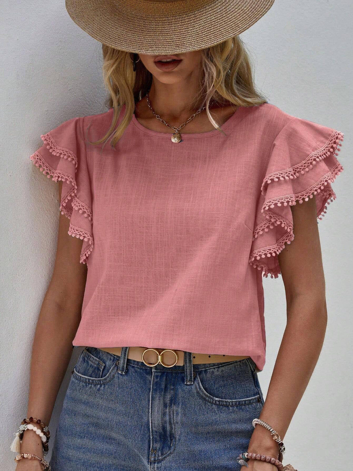 Summer Casual Loose Shirt Ruffle Short Sleeve Top: Blue / M