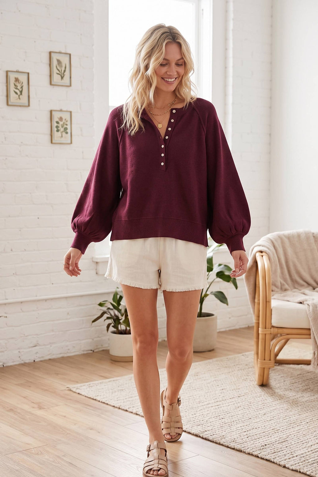 Henley Balloon Sleeve Sweater Top: IVORY / S