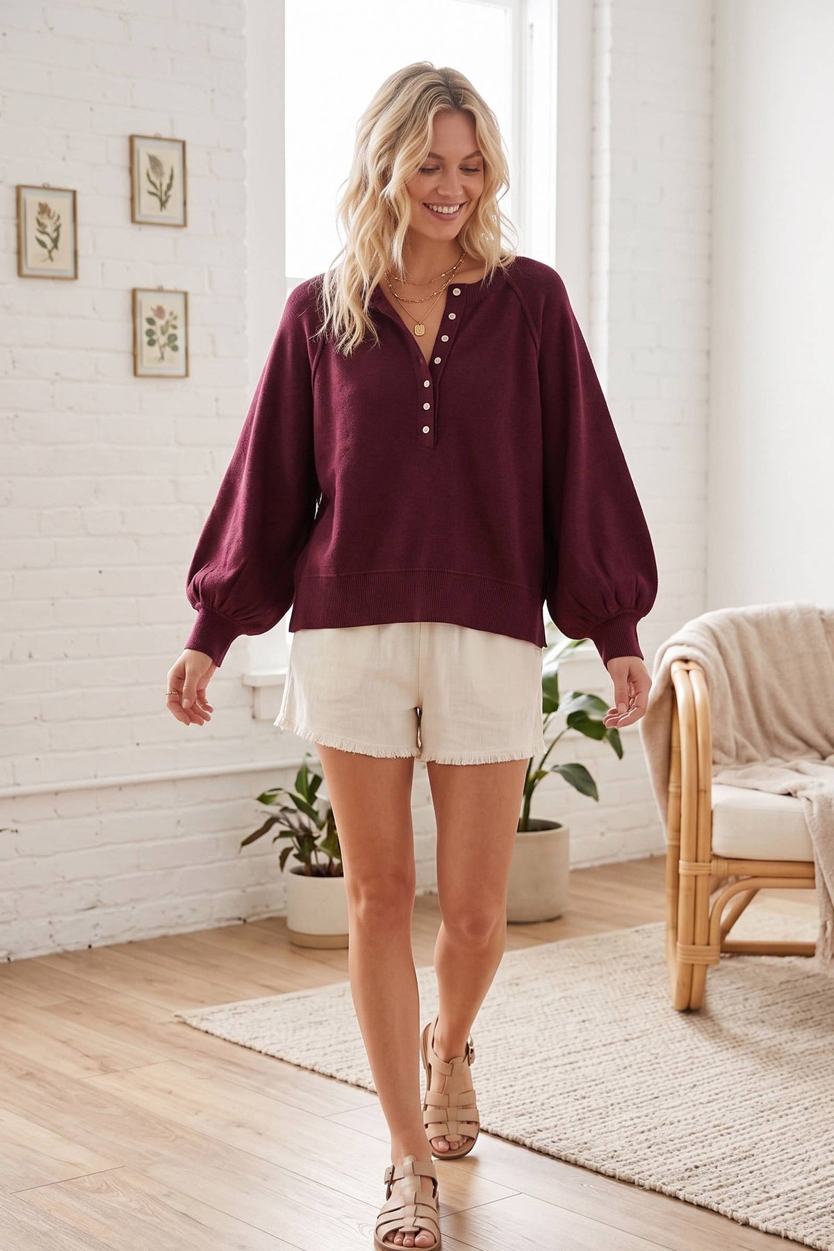 Henley Balloon Sleeve Sweater Top: IVORY / L