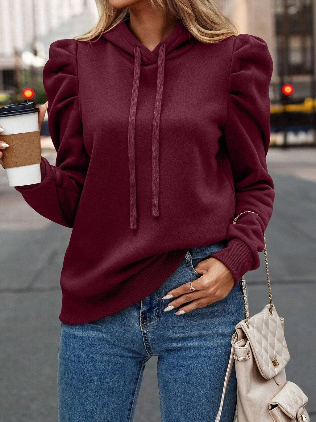 Hooded Solid Color Casual Sweatshirt: Blue / L