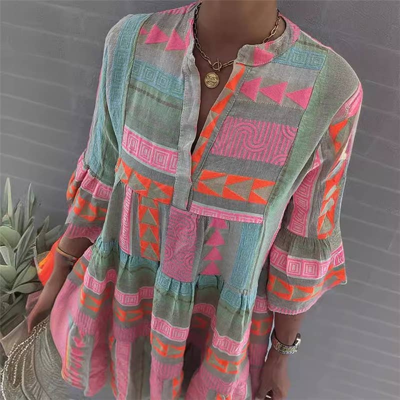 Floral Print V-Neck Mini Dress With Half Sleeves: PRINTING / L