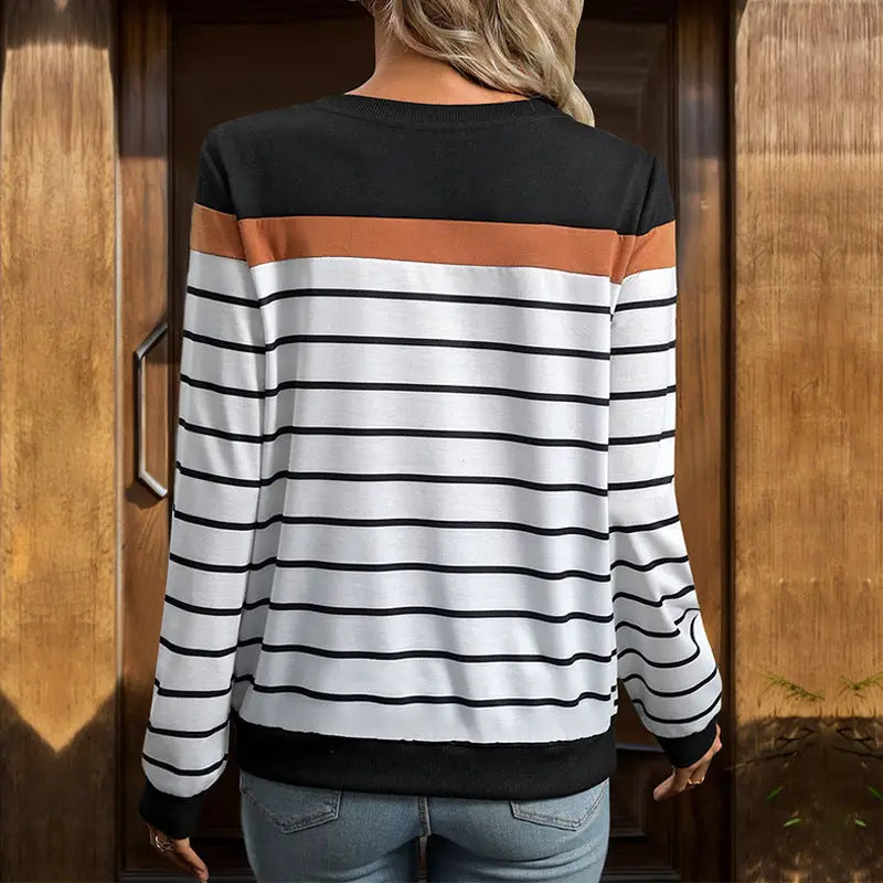 Women's Long-Sleeved Crew Neck Striped Sweater