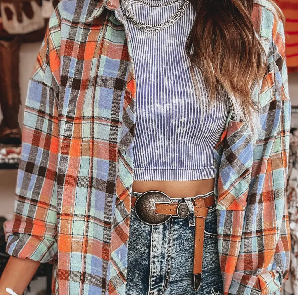 Plaid Button Up Shirt - Orange