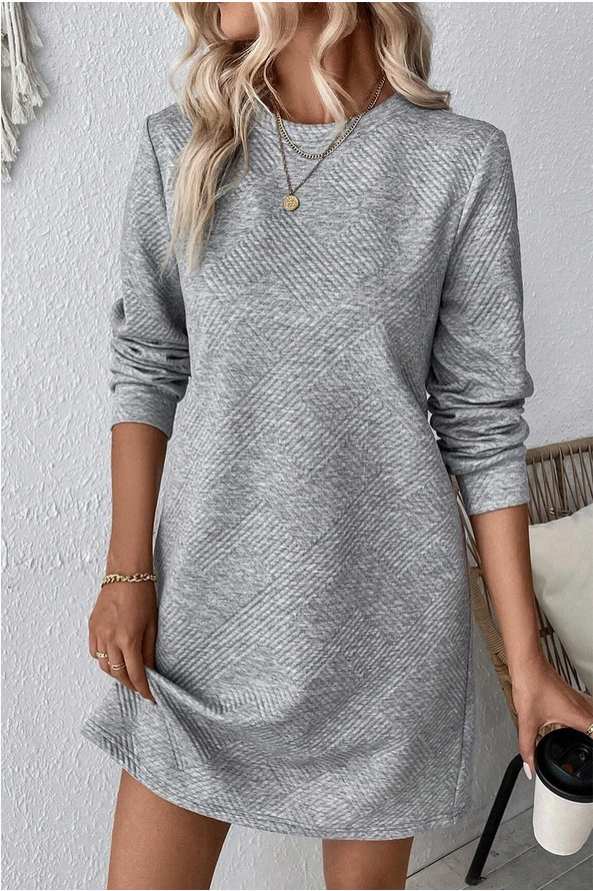 Solid Color Textured Long Sleeve Shift Dress
