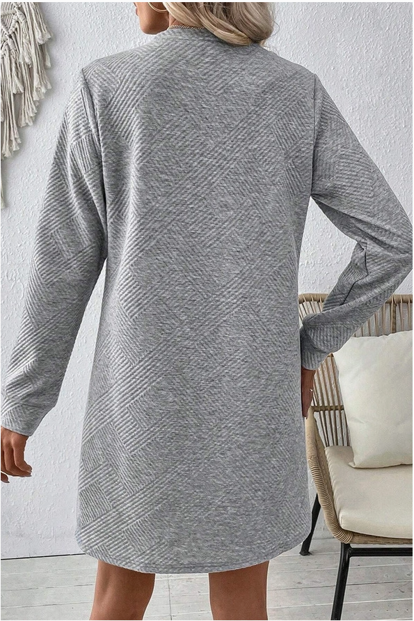 Solid Color Textured Long Sleeve Shift Dress