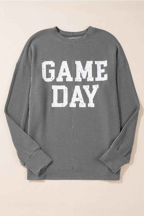 Dark Gray Corded Game Day Graphic Long Sleeve Crewneck Top