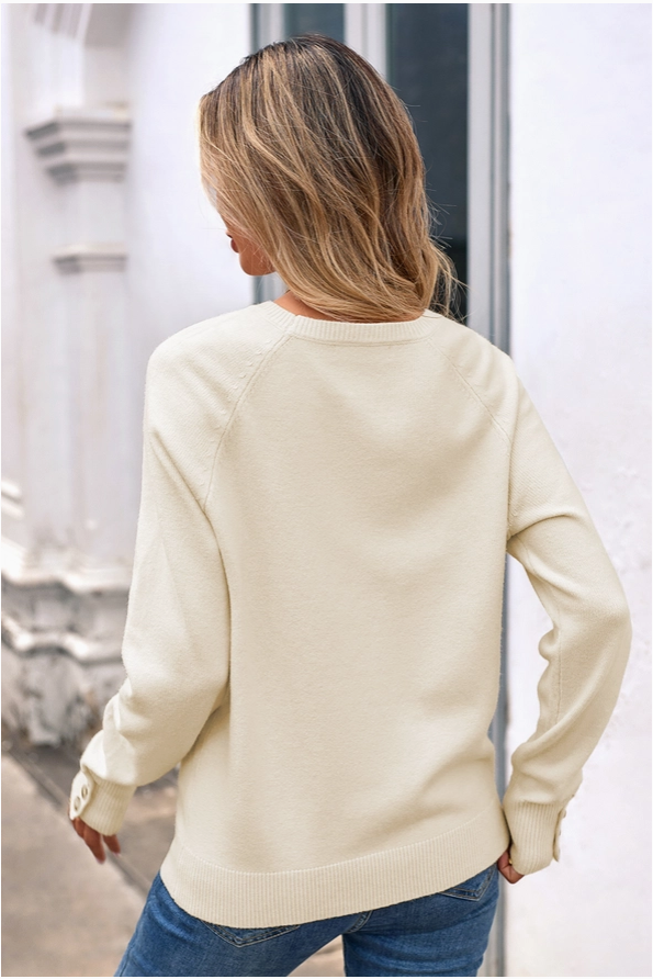 Ldc Buttoned Bishop Sleeve Crew Neck Sweater