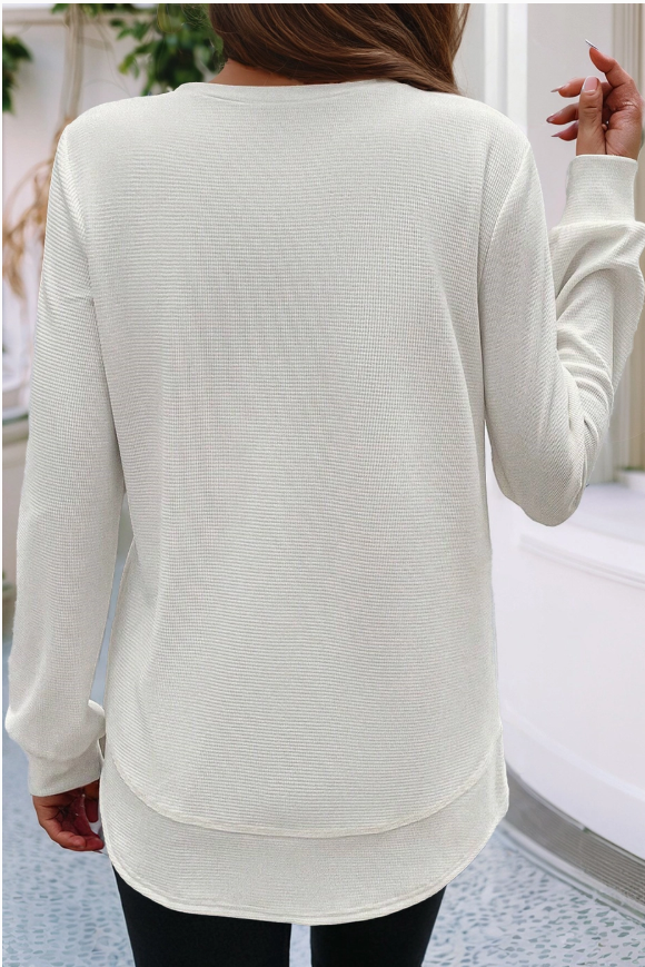 Rounded Hem Waffle Long Sleeve Top