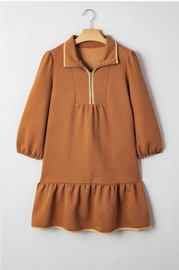 Quarter Zip Collar Bracelet Sleeve Textured Mini Dress