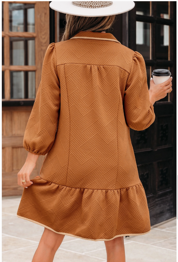 Quarter Zip Collar Bracelet Sleeve Textured Mini Dress