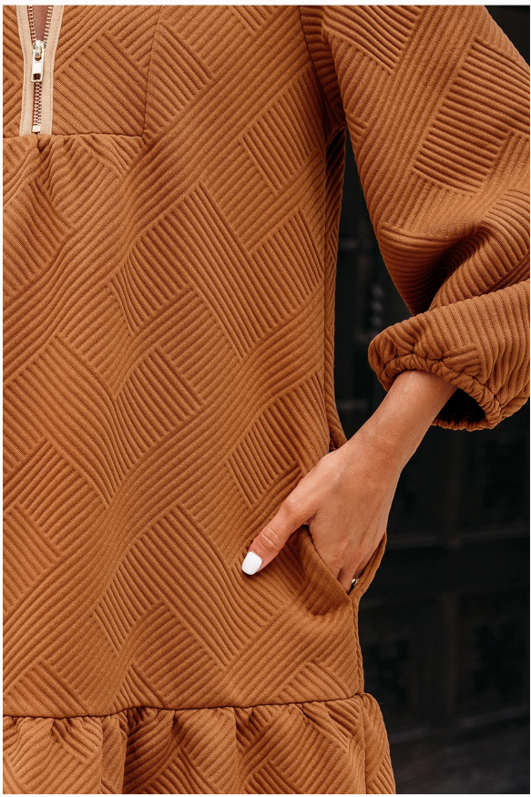 Quarter Zip Collar Bracelet Sleeve Textured Mini Dress