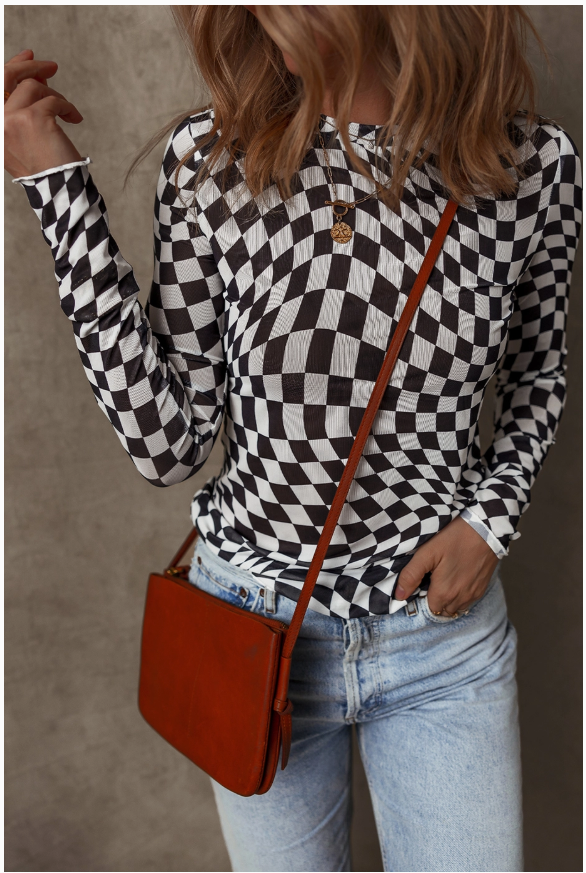 Black Checkered Pattern Mesh Mock Neck Long Sleeve Top